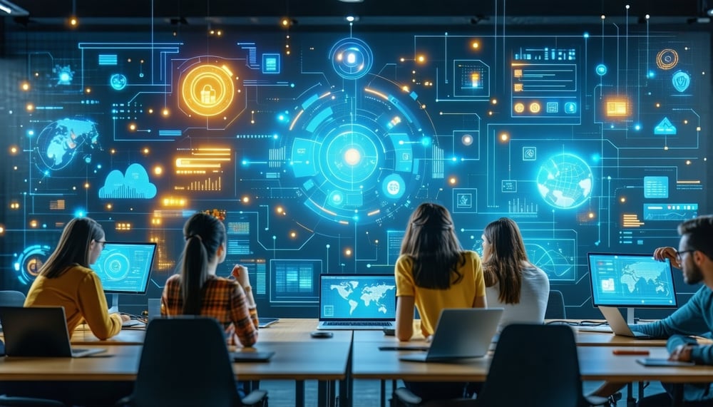 Illustration of educators using technology to gain insights into student performance. Illustration of educators using technology to gain insights into student performance.